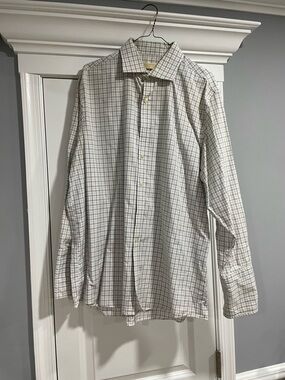 Michael Kors Men's White and Light Gray Checked Dress Shirt (French Cuff)